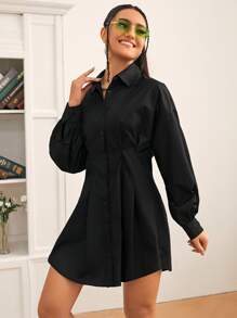 SHEIN EZwear Drop Shoulder Fold Pleated Solid Shirt Dress - Black - View 4
