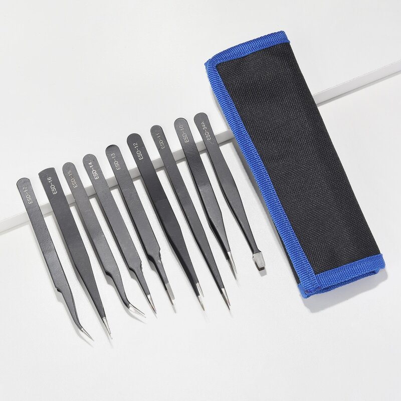 

9pcs Stainless Steel Tweezers With Case, Black