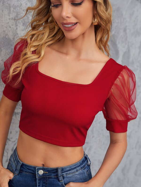 SHEIN Privé Square Neck Puff Sleeve Top