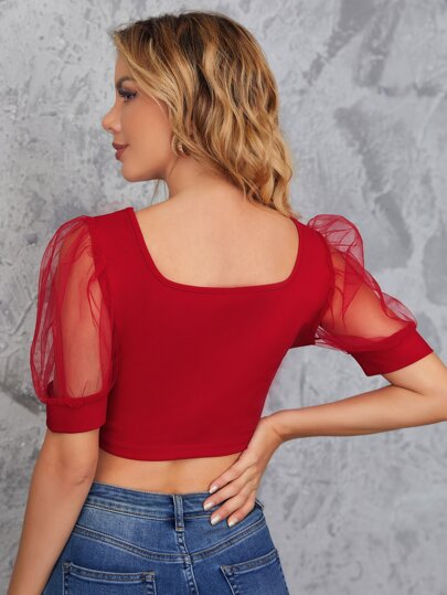 SHEIN Privé Square Neck Puff Sleeve Top