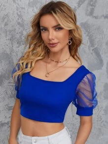 SHEIN Privé 方領泡泡袖上衣 - 寶藍色 - 查看 2