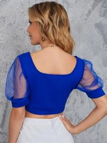 SHEIN Privé 方領泡泡袖上衣 - 寶藍色 - 查看 3