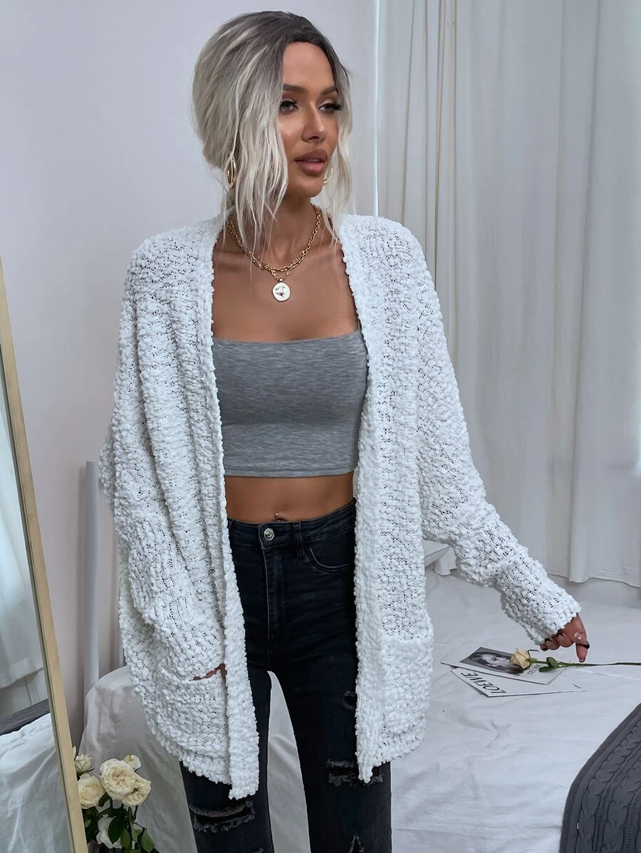 SHEIN LUNE 補丁口袋開門襟爆米花針織開襟衫 - 白色 - 查看 1