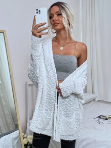 SHEIN LUNE 補丁口袋開門襟爆米花針織開襟衫 - 白色 - 查看 5