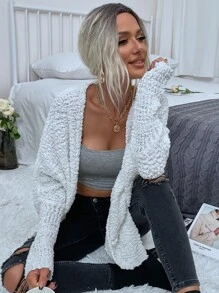 SHEIN LUNE 補丁口袋開門襟爆米花針織開襟衫 - 白色 - 查看 6