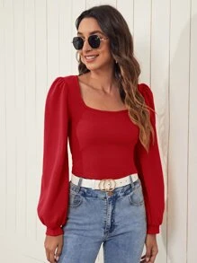 SHEIN Privé Lantern Sleeve Solid Top - Red - View 1