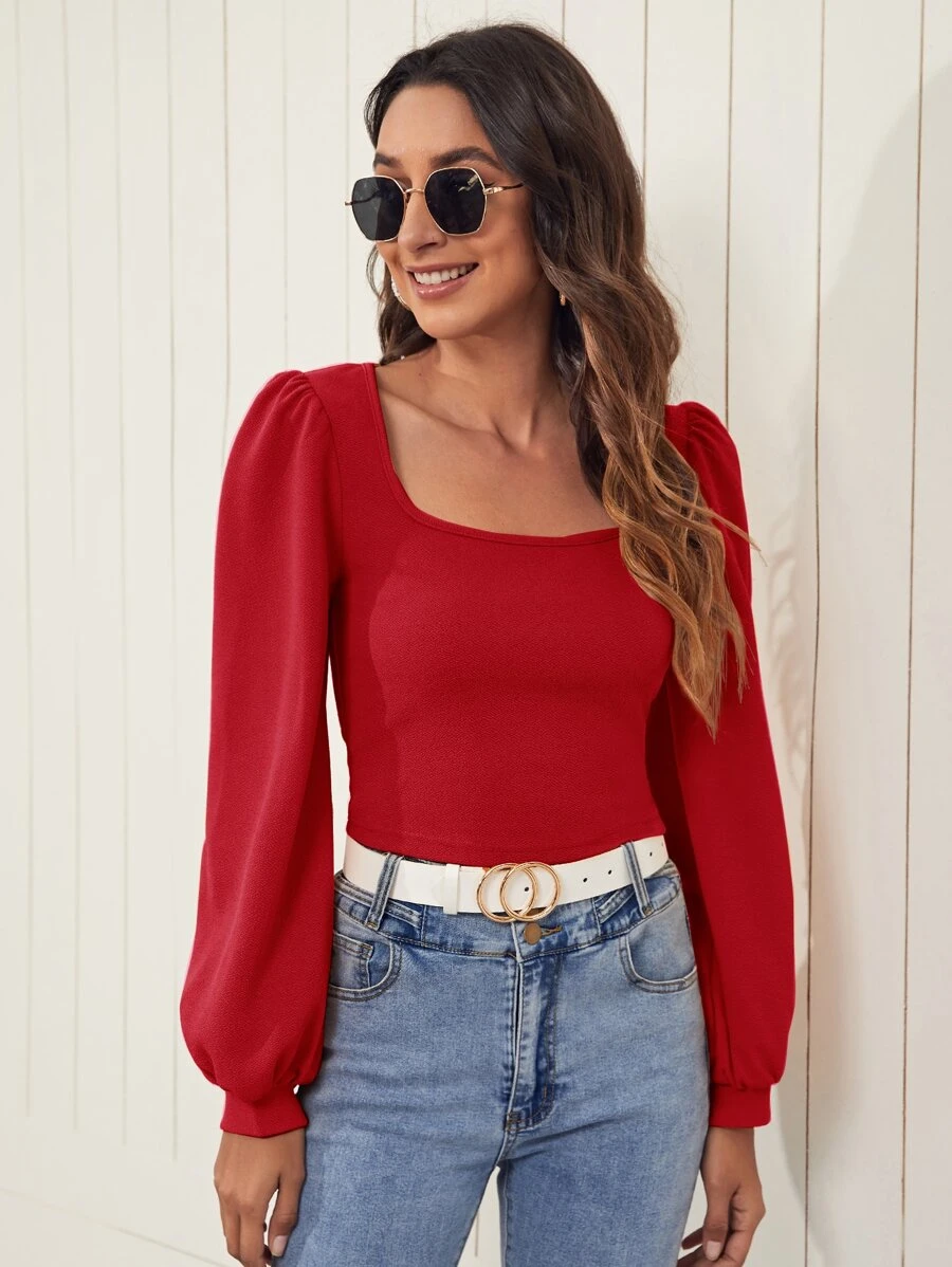 SHEIN Privé Lantern Sleeve Solid Top - Red - View 1