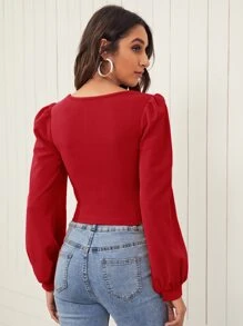 SHEIN Privé Lantern Sleeve Solid Top - Red - View 2