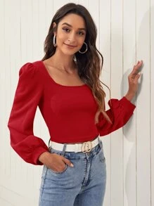 SHEIN Privé Lantern Sleeve Solid Top - Red - View 4