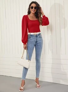 SHEIN Privé Lantern Sleeve Solid Top - Red - View 5