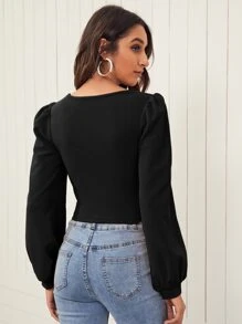 SHEIN Privé Lantern Sleeve Solid Top - Black - View 3