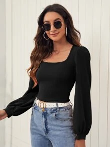 SHEIN Privé Lantern Sleeve Solid Top - Black - View 4