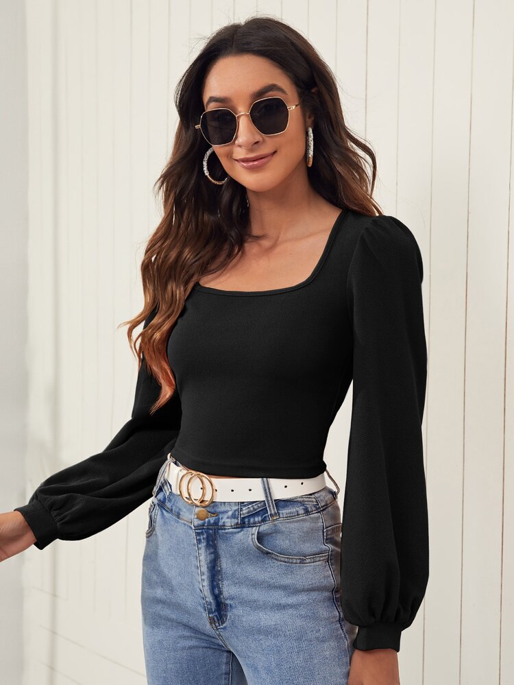 SHEIN Privé 燈籠袖素色上衣 - 黑色 - 查看 3