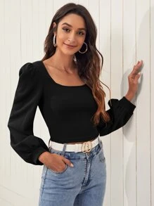 SHEIN Privé Lantern Sleeve Solid Top - Black - View 6