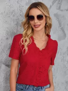 SHEIN Frenchy Áo sơ mi viền lá sen màu trơn Boho - Đỏ - Xem 1
