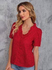 SHEIN Frenchy Áo sơ mi viền lá sen màu trơn Boho - Đỏ - Xem 3