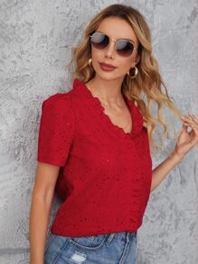 SHEIN Frenchy Áo sơ mi viền lá sen màu trơn Boho - Đỏ - Xem 4