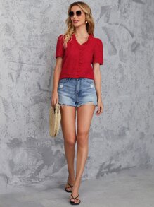 SHEIN Frenchy Áo sơ mi viền lá sen màu trơn Boho - Đỏ - Xem 5