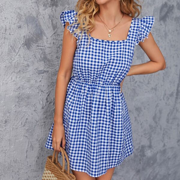 

Ruffle Armhole Gingham Dress, Blue