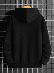 Manfinity Homme 男士纯色袋鼠口袋抽绳连帽衫，秋季款，长袖上衣 - 黑色 - 查看 2