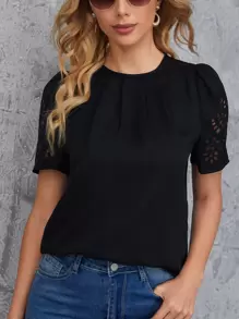 SHEIN Clasi Puff Sleeve Cutout Detail Top - Black - View 2