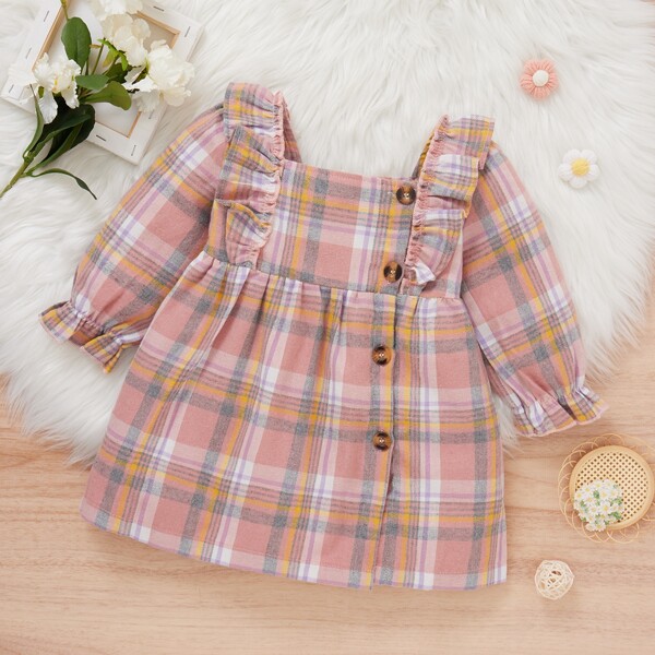 

Toddler Girls Plaid Print Ruffle Trim Flounce Sleeve Dress, Dusty pink