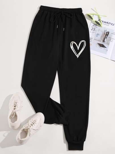 SHEIN Unity Heart Print Drawstring Waist Sweatpants Graduation,Back To School Outfits,Graduation,Teacher Outfits For Women,Back To School Fall Cloth For Women