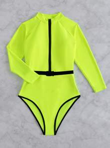 SHEIN Swim Summer Beach Neon Lime Zip Front Belted One Piece Swimsuit Bathing Suit - Lime Green - View 3