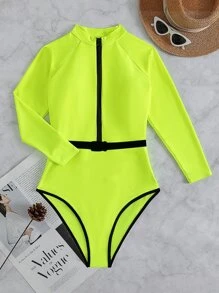 SHEIN Swim Summer Beach Neon Lime Zip Front Belted One Piece Swimsuit Bathing Suit - Lime Green - View 4