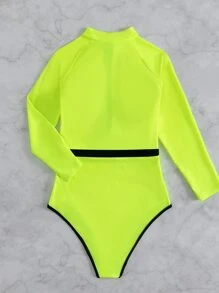 SHEIN Swim Summer Beach Neon Lime Zip Front Belted One Piece Swimsuit Bathing Suit - Lime Green - View 5