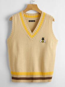 Bee Embroidery Striped Trim Sweater Vest - Khaki - View 1