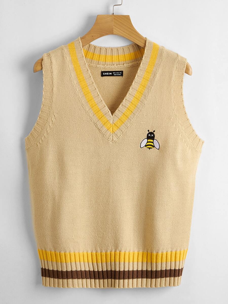 Bee Embroidery Striped Trim Sweater Vest - Khaki - View 1