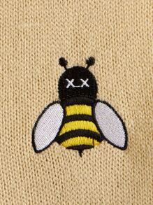 Bee Embroidery Striped Trim Sweater Vest - Khaki - View 4