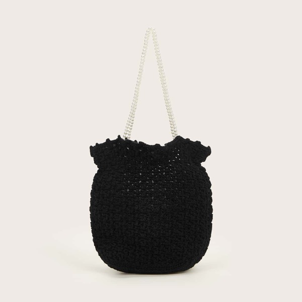 

Faux Pearl Beaded Satchel Bag, Black