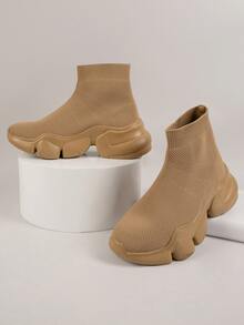 Ribbed Knit Slip-On Chunky Sock Trainers - Khaki - View 3