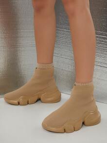 Ribbed Knit Slip-On Chunky Sock Trainers - Khaki - View 4