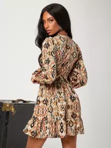 SHEIN Allover Print Plunge Neck Lantern Sleeve Ruffle Hem Dress - Multicolor - View 5