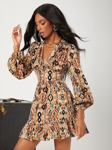 SHEIN Allover Print Plunge Neck Lantern Sleeve Ruffle Hem Dress - Multicolor - View 4