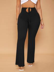 SHEIN SXY Solid Knot Front Cut Out Flare Leg Pants - Black - View 4