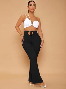 SHEIN SXY Solid Knot Front Cut Out Flare Leg Pants - Black - View 5