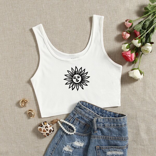 

Sun Print Ribbed Tank Top, White