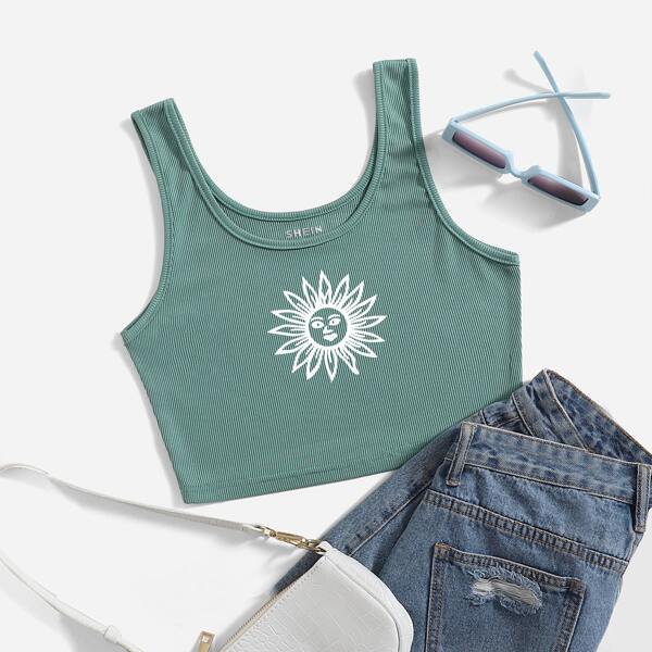

Sun Print Ribbed Tank Top, Green