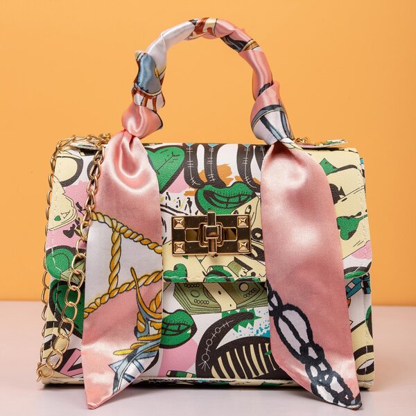 

Colorblock All Over Print Flap Square Bag, Multicolor
