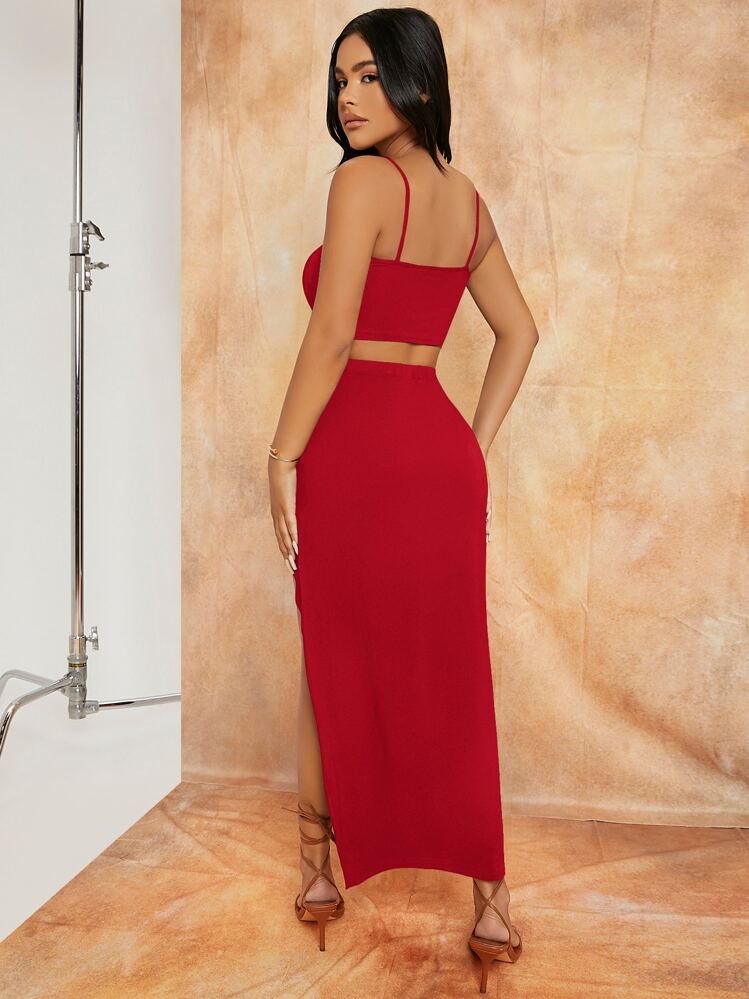 SHEIN SXY เซตสายเดี่ยวครอปและกระโปรง ผ่าแหวก สีพื้น - สีไวท์แดงหม่น/สีเบอร์กันดี - ดู 2