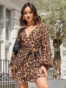 SHEIN Vestido de leopardo de manga farol ribete con fruncido con cinturón de gasa - Multicolor - Ver 1