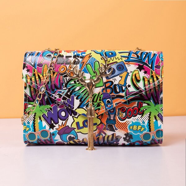 

Colorblock Tassel Decor All Over Print Flap Square Bag, Multicolor