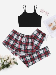 3pcs Plaid Knot Front Cami PJ Set / Pajama Set - Multicolor - View 1