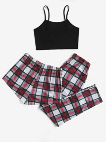 3pcs Plaid Knot Front Cami PJ Set / Pajama Set - Multicolor - View 2