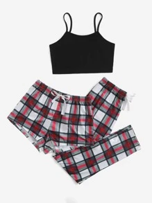 3pcs Plaid Knot Front Cami PJ Set / Pajama Set - Multicolor - View 5