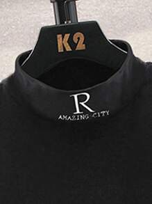 Manfinity Hombres Camiseta con estampado de letra cuello alzado - Negro - Ver 4